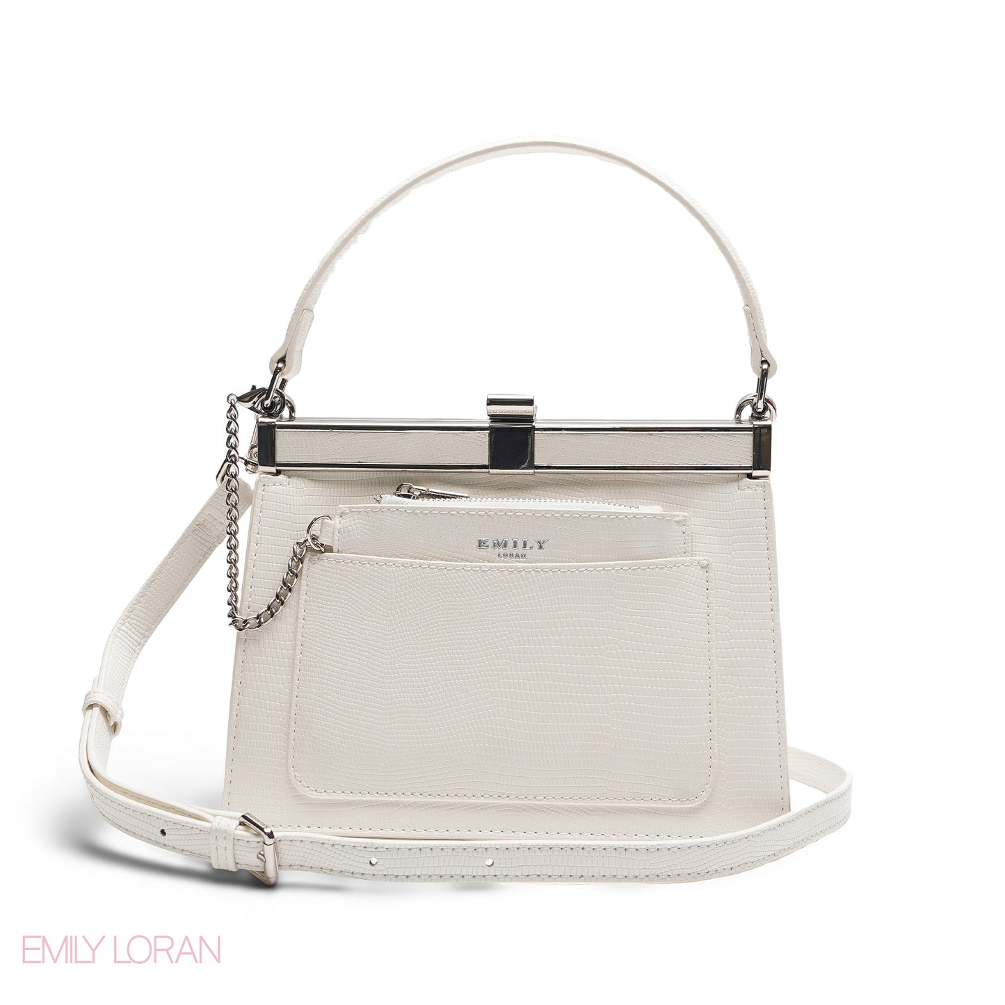 EMILY SOLID WHITE TEXTURED FRAME BAG WITH MINI POUCH - MED