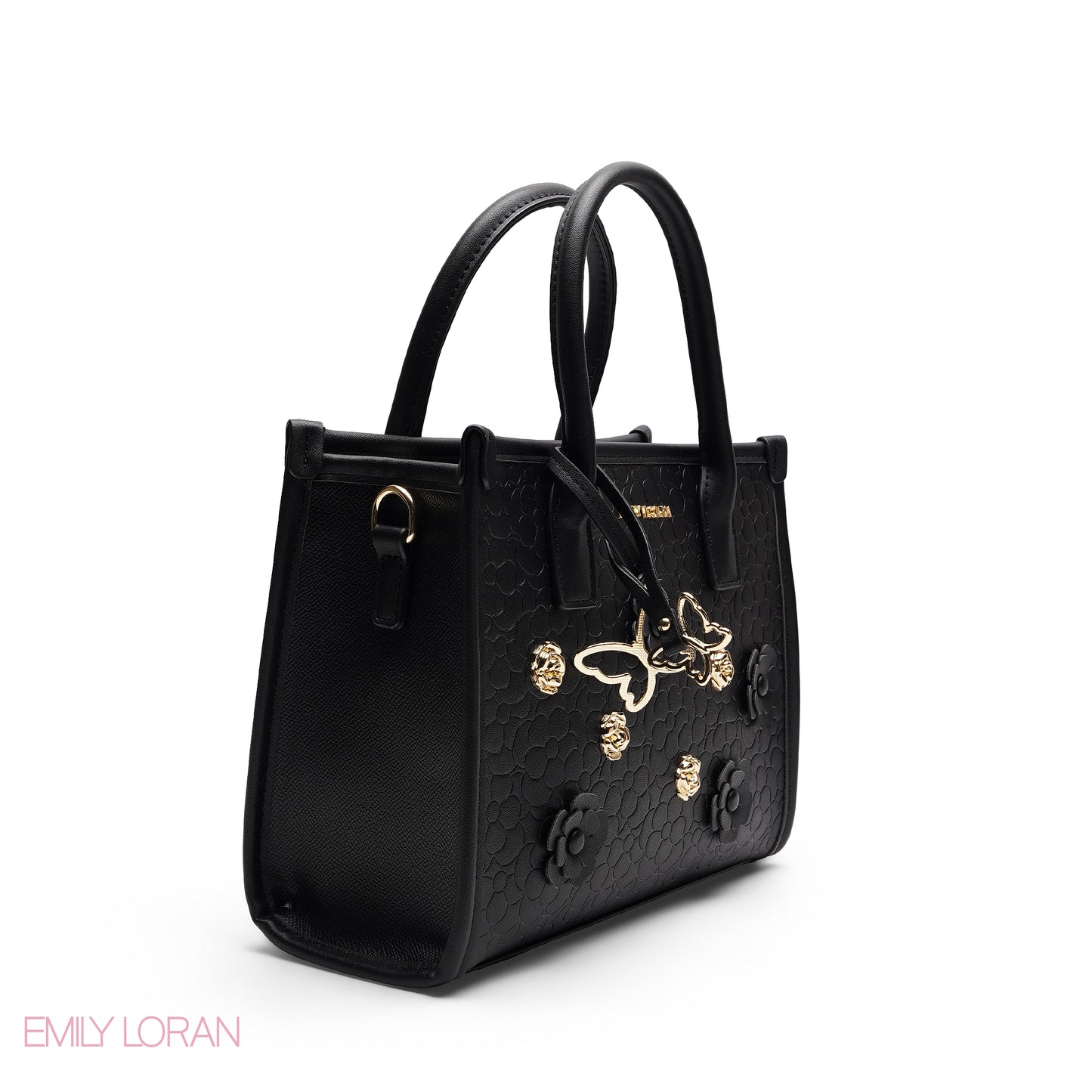EMBOSSED METALLIC FLORAL TOP HANDLE TOTE BAG - SMALL