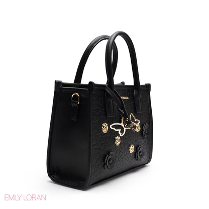 EMBOSSED METALLIC FLORAL TOP HANDLE TOTE BAG - SMALL