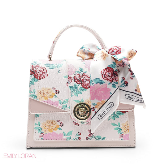 FLORAL PRINT SCARF PINK TOP HANDLE BAG - SMALL
