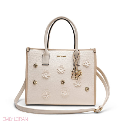 EMBOSSED METALLIC FLORAL TOP HANDLE TOTE BAG