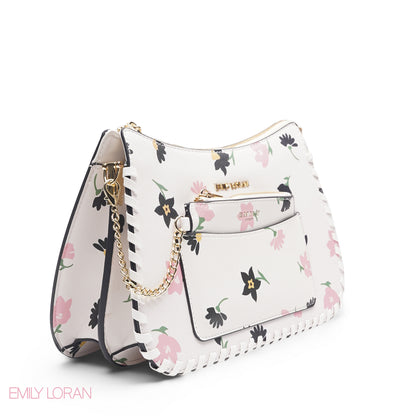 WHITE FLORAL BAG WITH HAND STRAP - MED