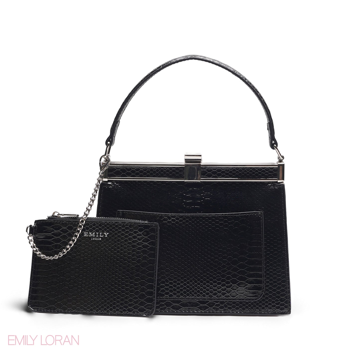 EMILY SOLID BLACK SNAKESKIN FRAME BAG WITH MINI POUCH - MED