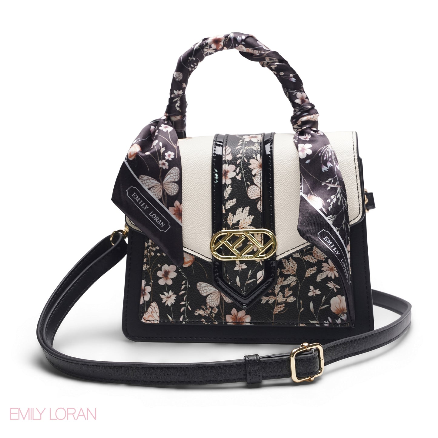 BLACK SATCHEL WITH FLORAL SCARF