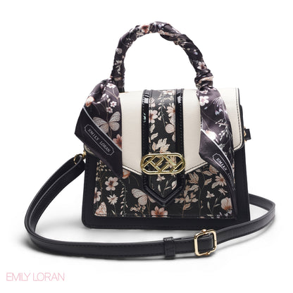 BLACK SATCHEL WITH FLORAL SCARF