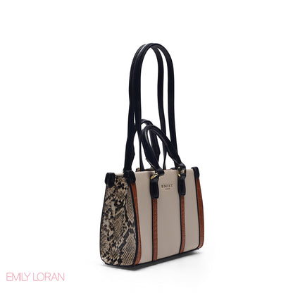 MINI BEIGE BAG WITH SNAKESKIN TRIM & GOLD CHAIN