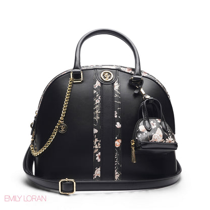 BLACK DOME BAG WITH PINK FLORAL PRINT - LARGE