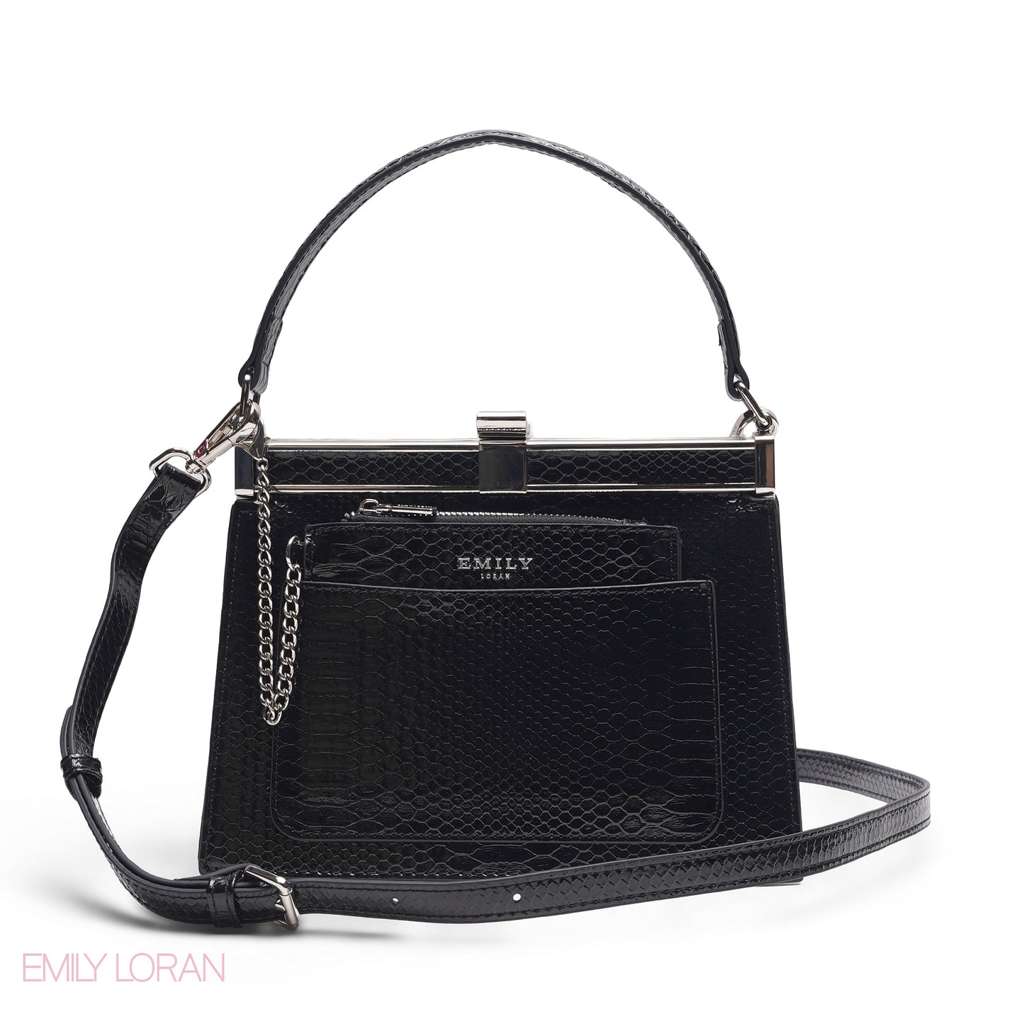 EMILY SOLID BLACK SNAKESKIN FRAME BAG WITH MINI POUCH - MED