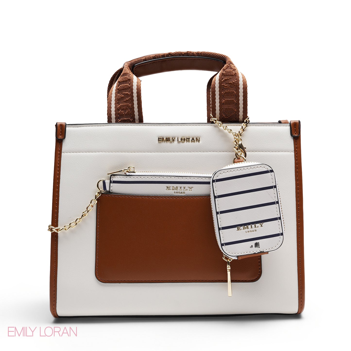 STRUCTURED BAG WITH BRANDED HANDLES AND STRIPPED POUCH