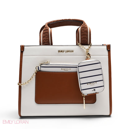 STRUCTURED BAG WITH BRANDED HANDLES AND STRIPPED POUCH