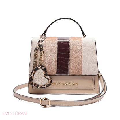 ELEGANT MIXED TEXTURE TOP HANDLE BAG WITH HEART CHARM - MEDIUM