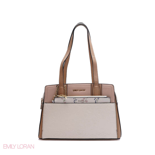 EMBOSSED FLORAL HANDBAG WITH SNAKESKIN POUCH