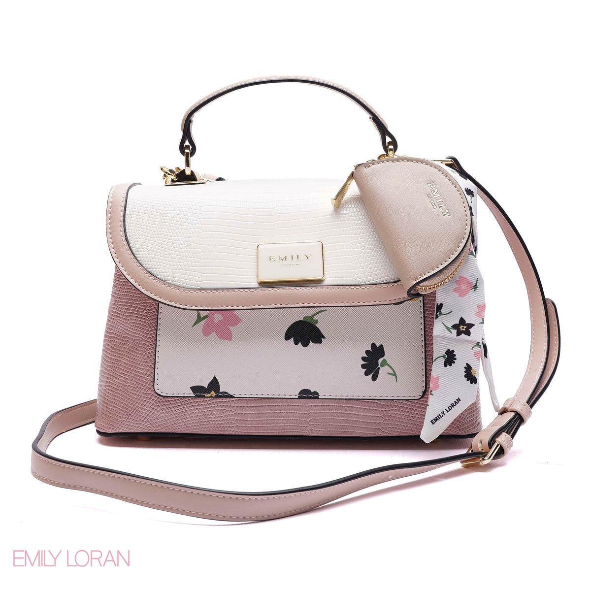 FLOWERS PRINT FLIPPING HANDBAG WITH POUCH- MEDIUM