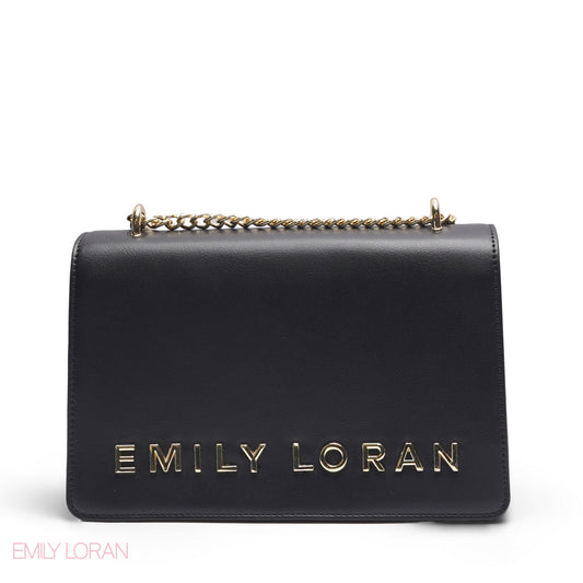 EMILY LORAN SOLID BLACK METALLIC LOGO FLAP BAG