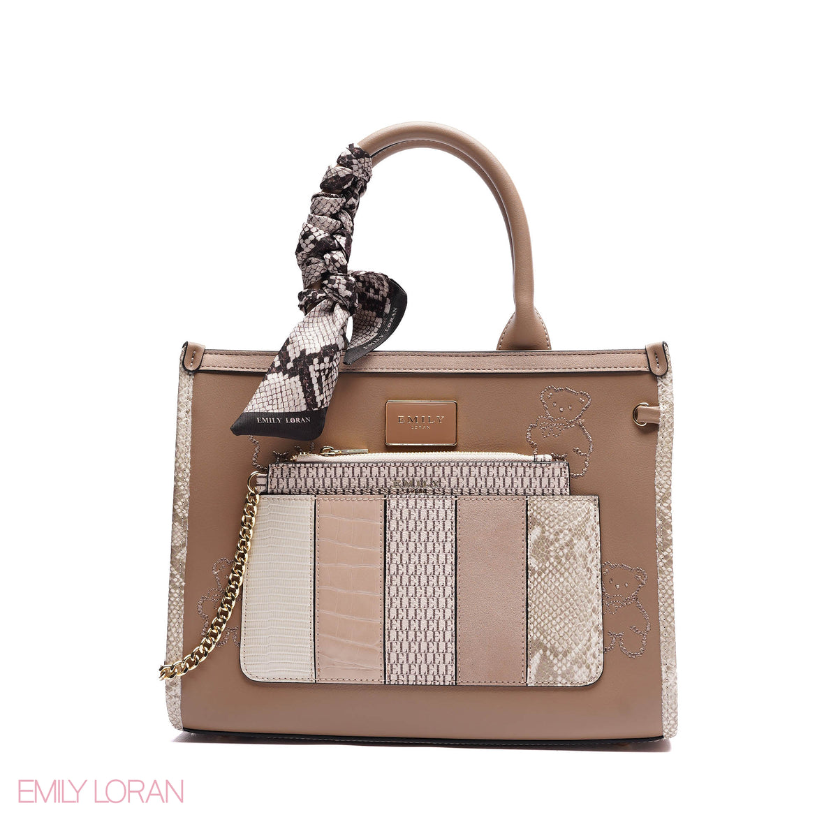 STRUCTURED TOTE BAG ADJUSTABLE SHOULDER STRAP WITH POUCH AND SCARF - MEDIUM