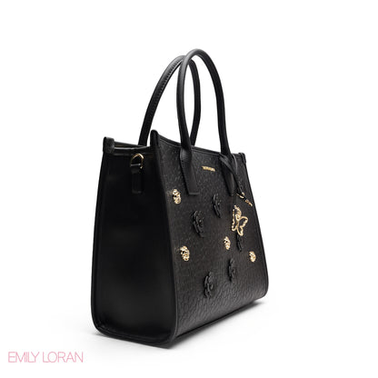 EMBOSSED METALLIC FLORAL TOP HANDLE TOTE BAG - LARGE
