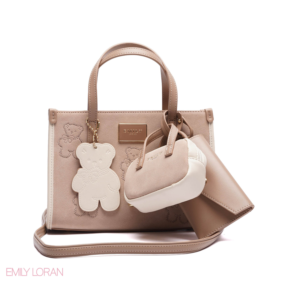 TEDDY BEAR HANDBAG CLOTH WITH SMALL POUCH , MINI WALLET AND TEDDY CHARM - SMALL
