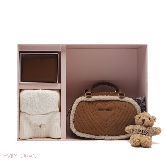 ELEGANT QUILTED HEART BAG SET WITH WALLET AND BEANIE