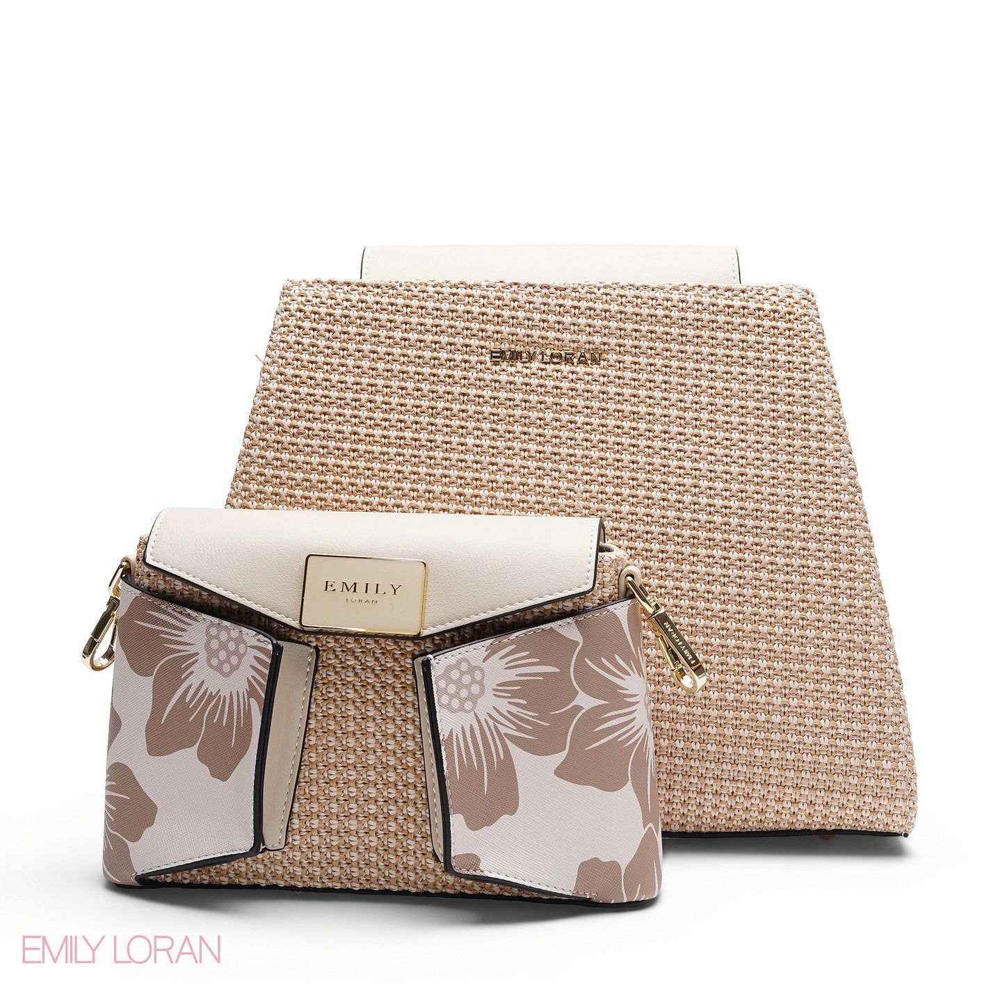 STYLISH WOVEN TOP HANDLE TOTE WITH FLORAL POUCH BAG