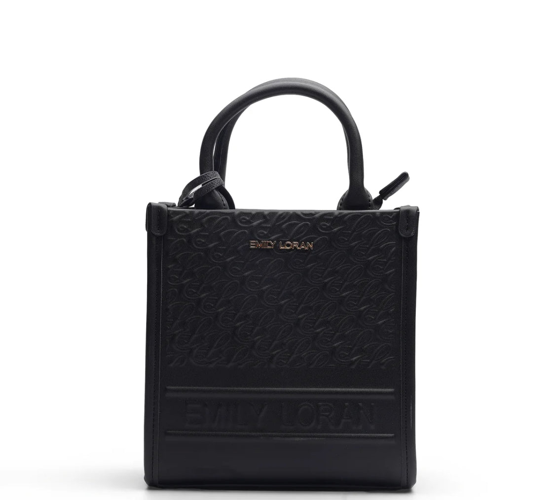 BLACK EMBOSSED LOGO TOP HANDLE TOTE BAG