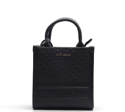 BLACK EMBOSSED LOGO TOP HANDLE TOTE BAG