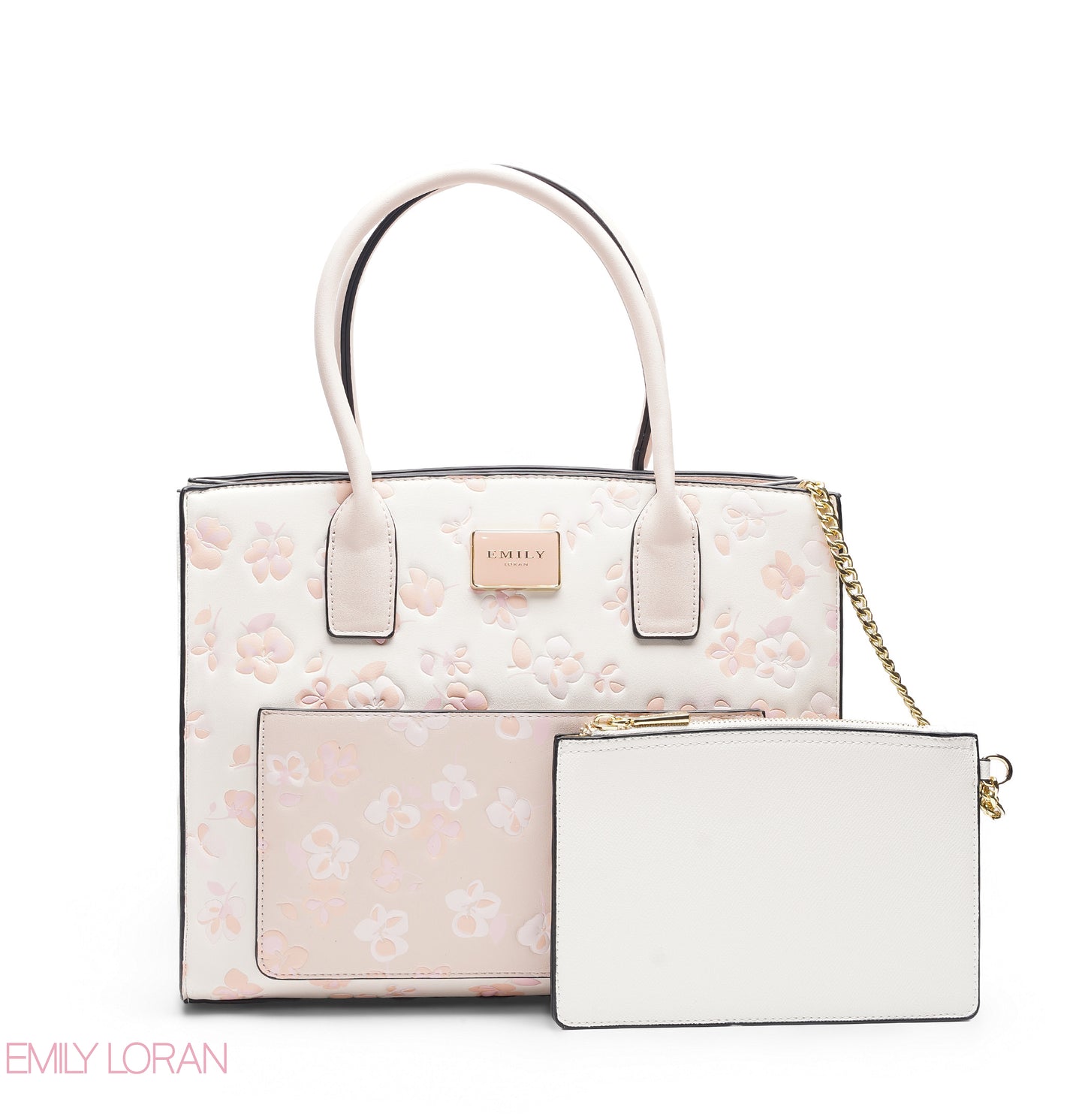 WHITE FLORAL TOTE WITH WHITE POUCH - LARGE