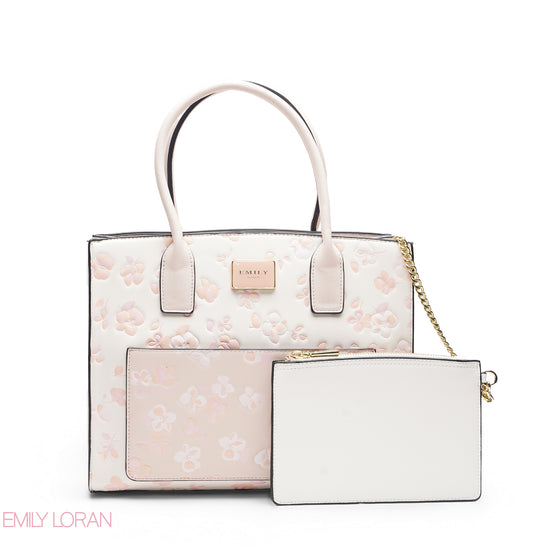 WHITE FLORAL TOTE WITH WHITE POUCH - LARGE