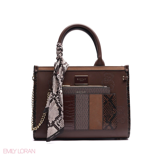 STRUCTURED TOTE BAG ADJUSTABLE SHOULDER STRAP WITH POUCH AND SCARF - MEDIUM