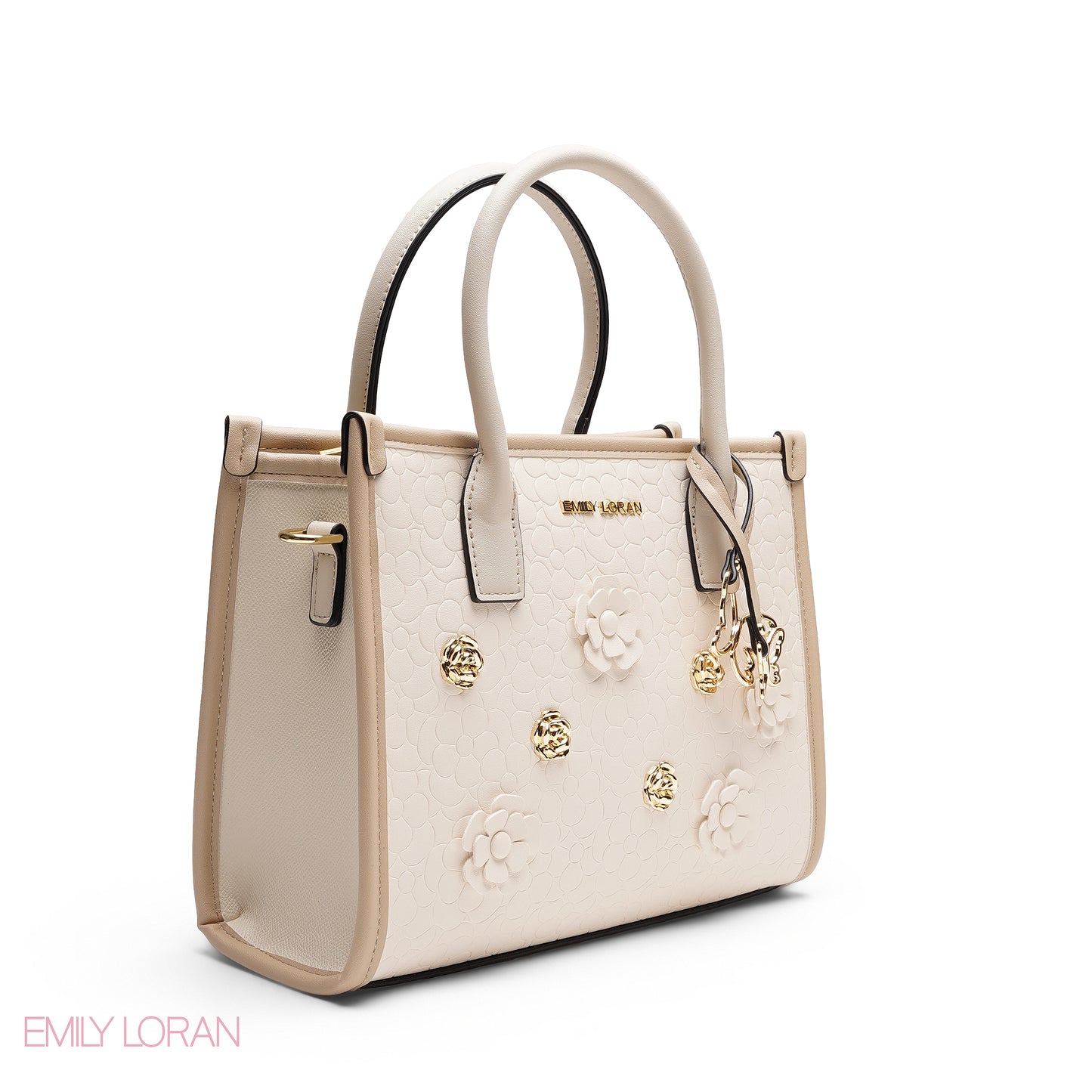 EMBOSSED METALLIC FLORAL TOP HANDLE TOTE BAG - SMALL