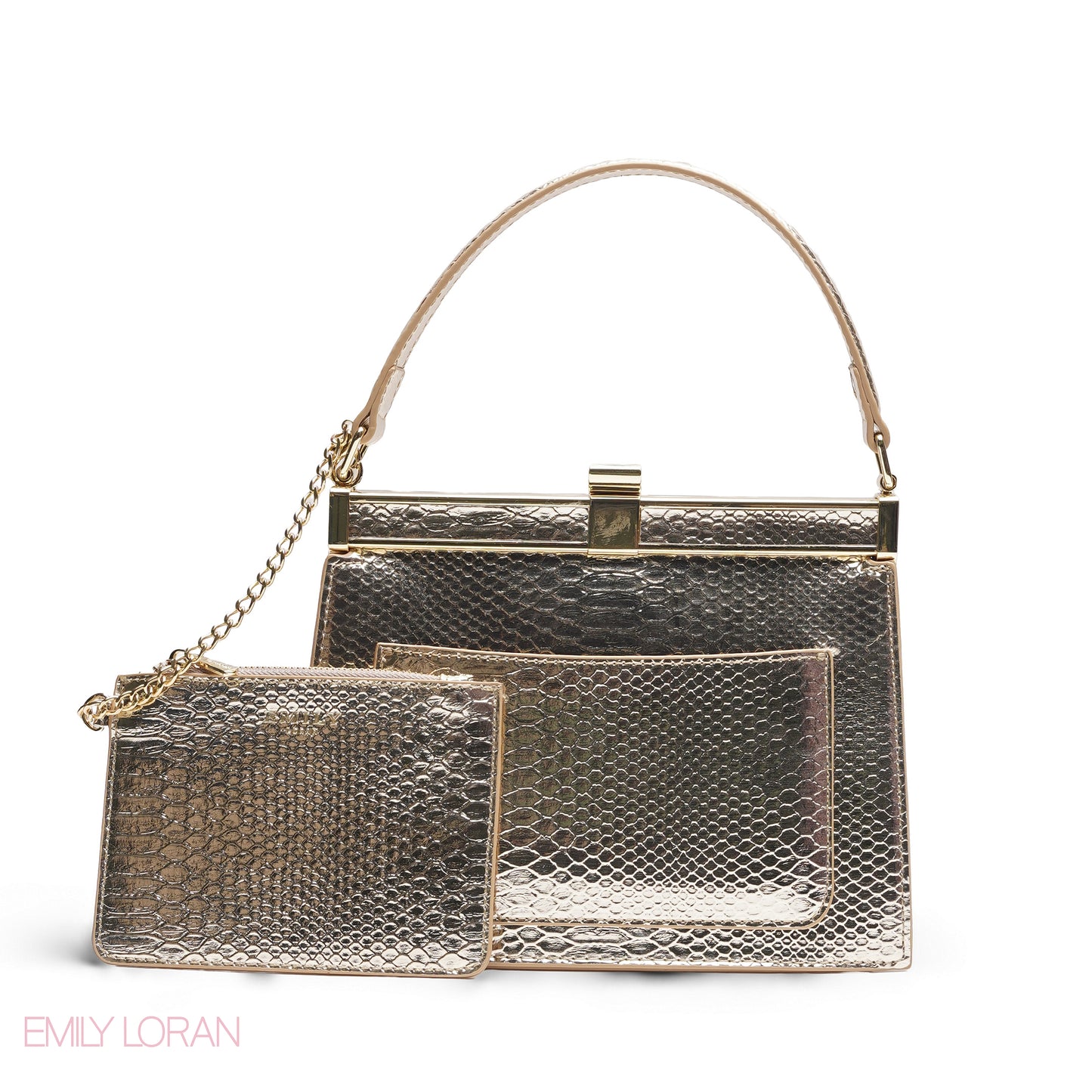 EMILY METALLIC GOLD SNAKESKIN FRAME BAG WITH MINI POUCH - MED