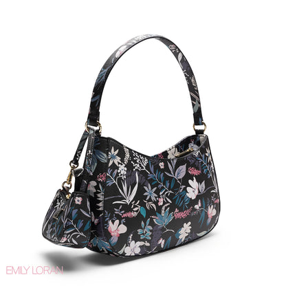 BLACK FLORAL SHOULDER HOBO BAG WITH MINI BAG