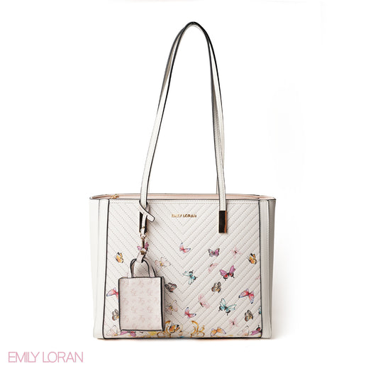 WHITE BUTTERFLY SHOULDER BAG WITH SIMPLE BUFF DETAIL - LARGE