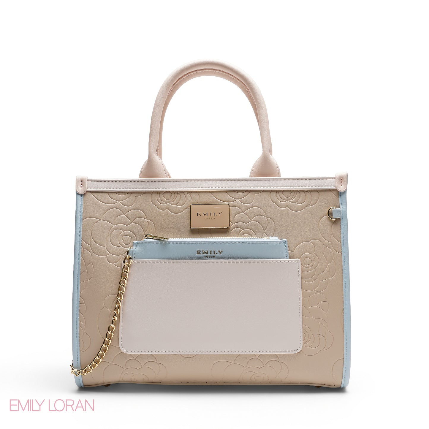 EMBOSSED ROSE TOTE WITH BRANDED STRAP BAG
