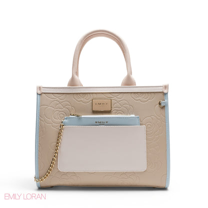 EMBOSSED ROSE TOTE WITH BRANDED STRAP BAG