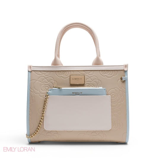 EMBOSSED ROSE TOTE WITH BRANDED STRAP BAG