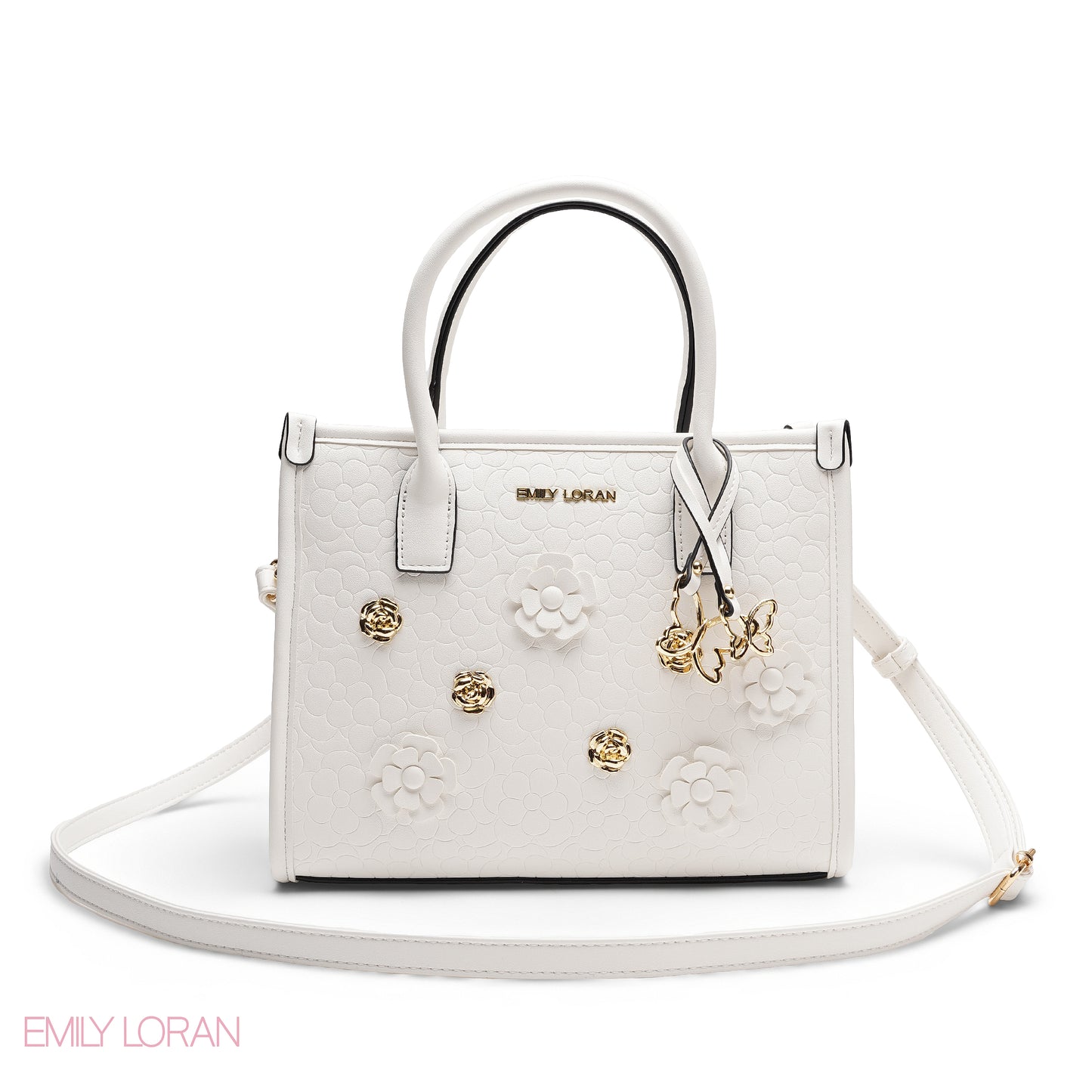 EMBOSSED METALLIC FLORAL TOP HANDLE TOTE BAG - SMALL