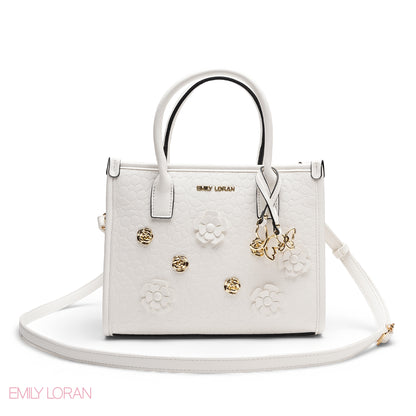 EMBOSSED METALLIC FLORAL TOP HANDLE TOTE BAG - SMALL