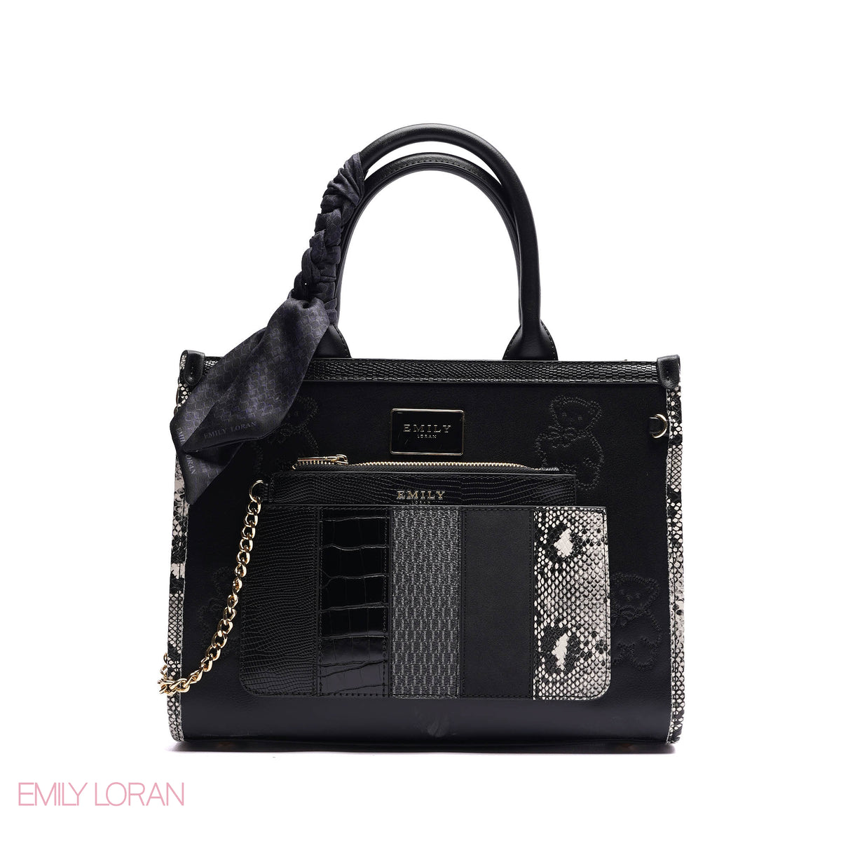 STRUCTURED TOTE BAG ADJUSTABLE SHOULDER STRAP WITH POUCH AND SCARF - MEDIUM
