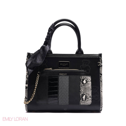 STRUCTURED TOTE BAG ADJUSTABLE SHOULDER STRAP WITH POUCH AND SCARF - MEDIUM