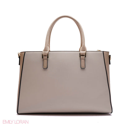 STRUCTURED PANEL TOTE BAG WITH SNAKESKIN TAG