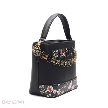 BLACK FLORAL TOTE WITH GOLD CHAIN & STRAP