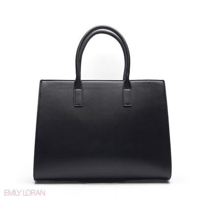 BLACK SOLID TOTE WITH STRAP & ROUND POUCH - LARGE