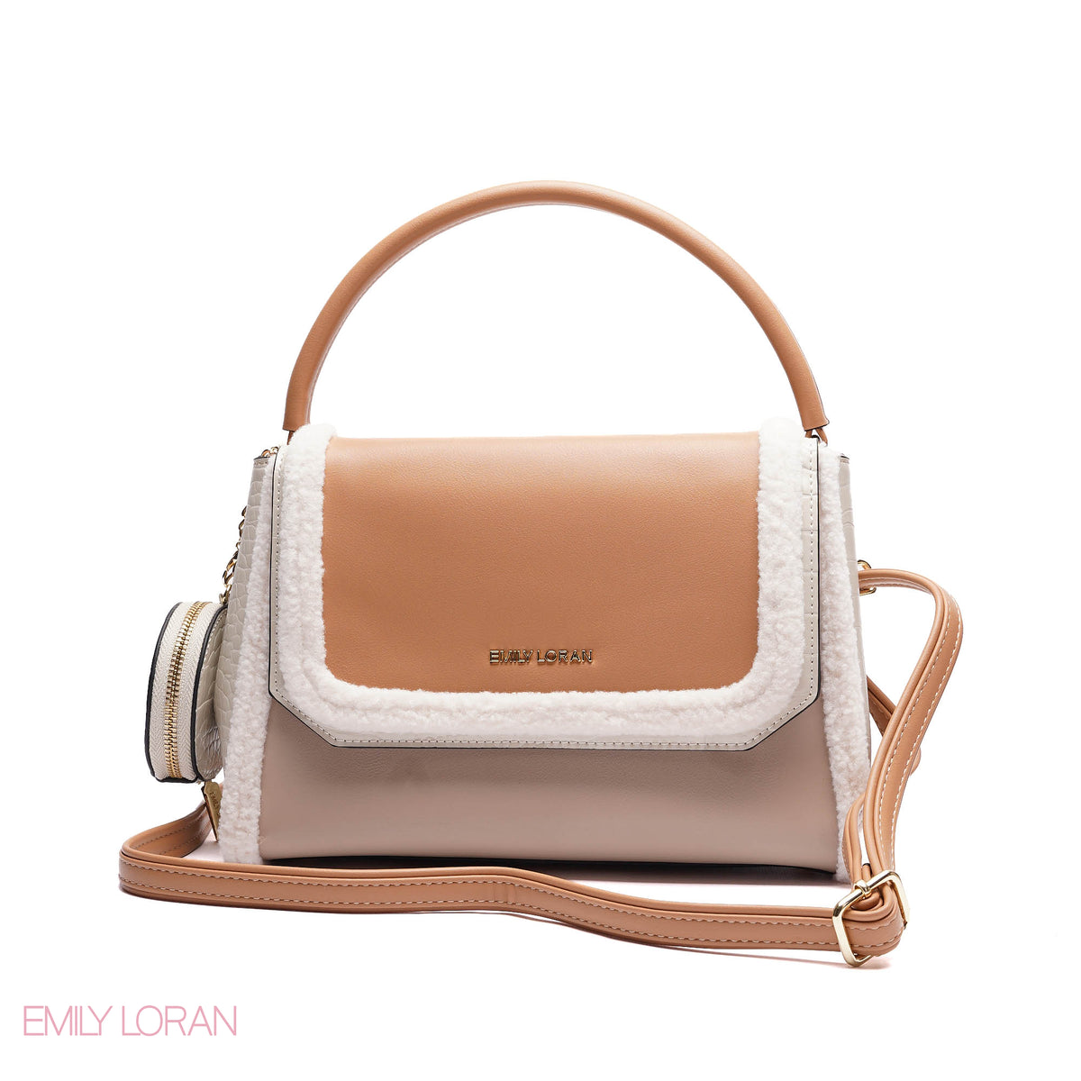 ELEGANT SHERPA TRIM TOP HANDLE BAG WITH CROSSBODY STRAP - MEDIUM