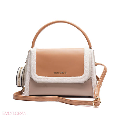ELEGANT SHERPA TRIM TOP HANDLE BAG WITH CROSSBODY STRAP - MEDIUM