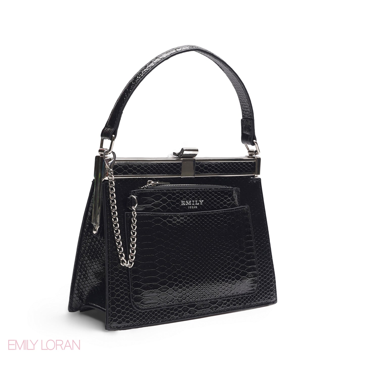 EMILY SOLID BLACK SNAKESKIN FRAME BAG WITH MINI POUCH - MED