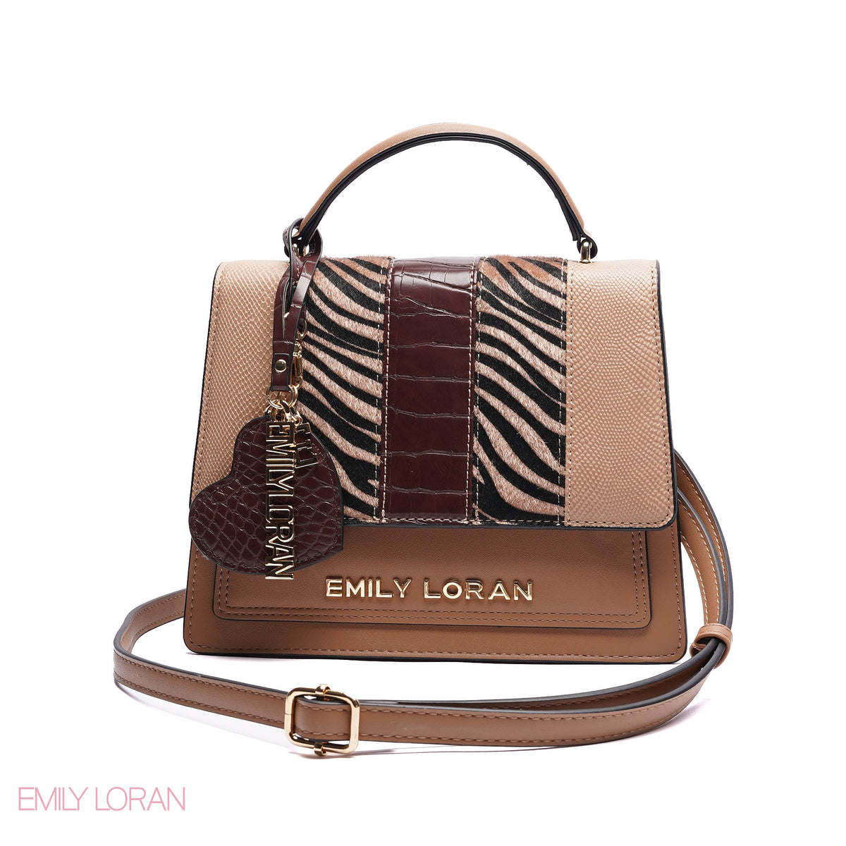 ELEGANT MIXED TEXTURE TOP HANDLE BAG WITH HEART CHARM - MEDIUM