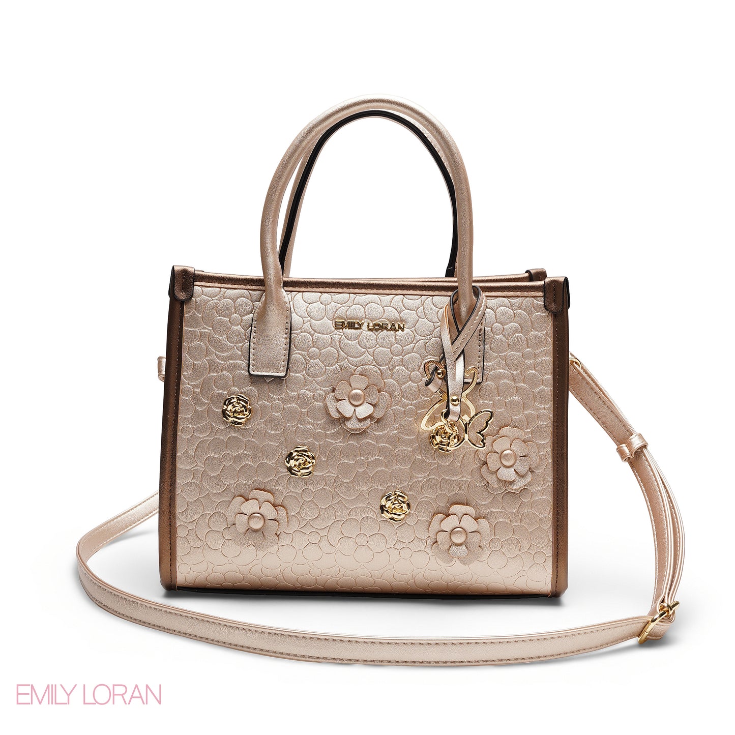 EMBOSSED METALLIC FLORAL TOP HANDLE TOTE BAG - LARGE