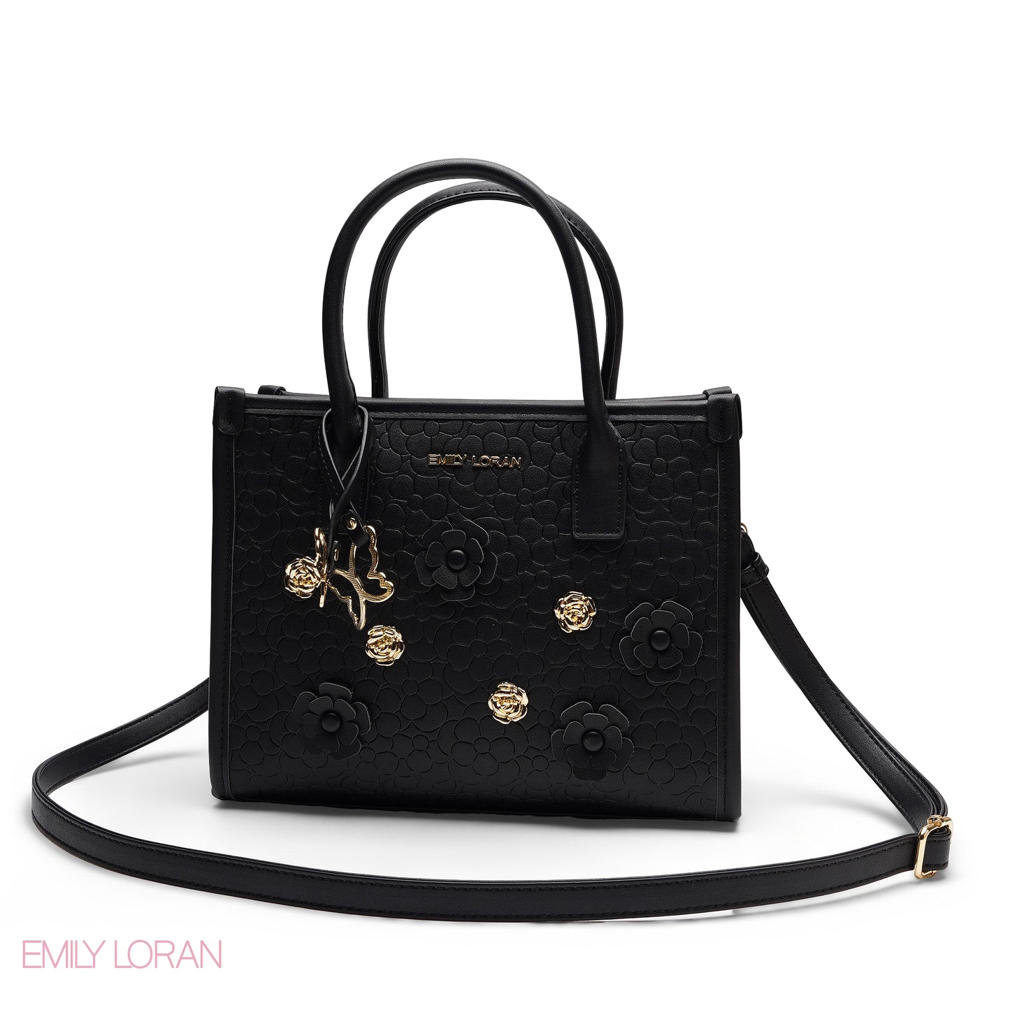 EMBOSSED METALLIC FLORAL TOP HANDLE TOTE BAG - SMALL