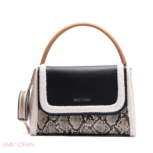ELEGANT SHERPA TRIM TOP HANDLE BAG WITH CROSSBODY STRAP - MEDIUM