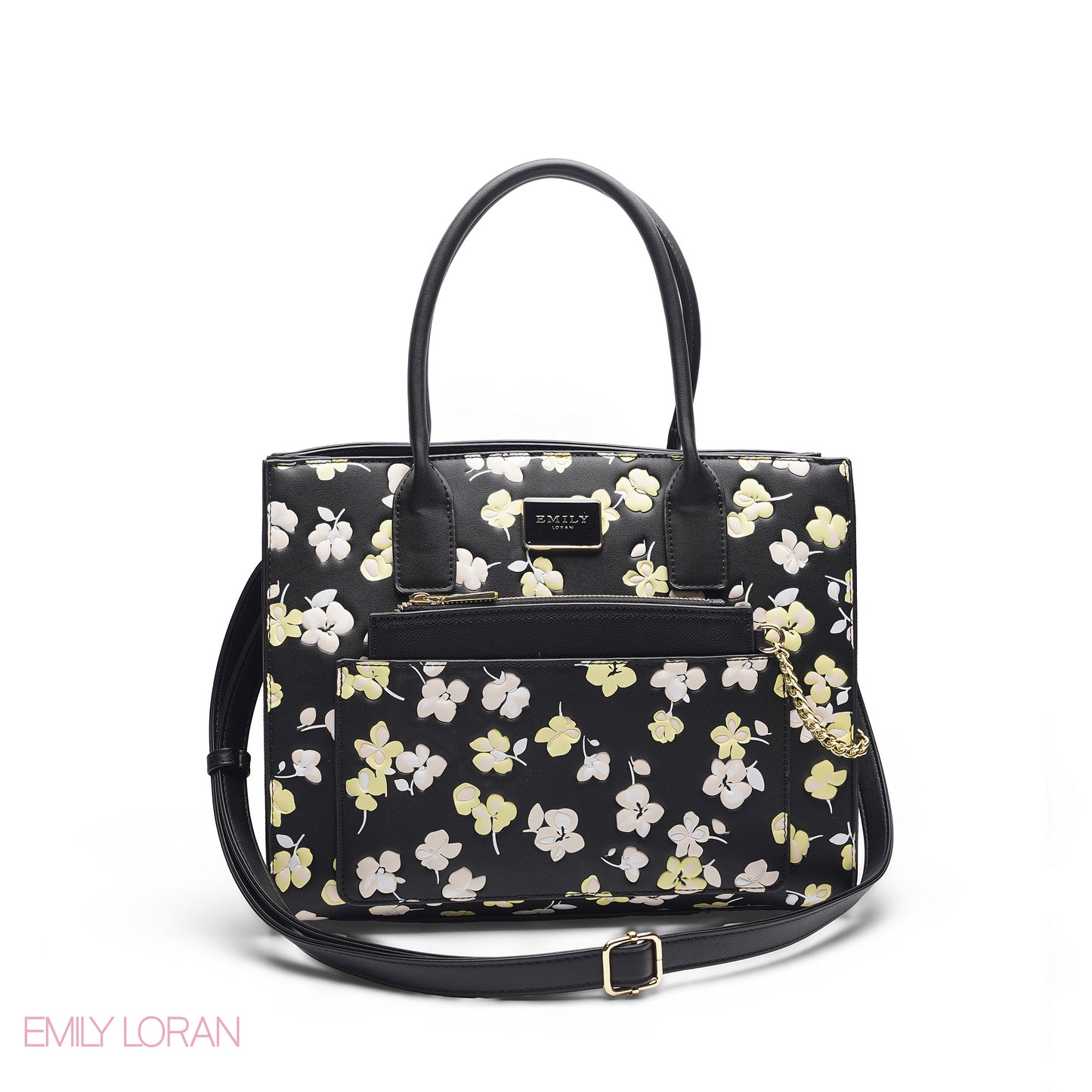 BLACK FLORAL TOTE WITH BLACK POUCH - LARGE